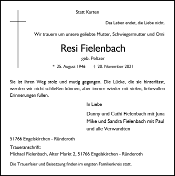 Anzeige von Resi Fielenbach von  Anzeigen Echo 