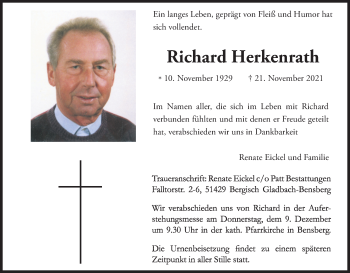 Anzeige von Richard Herkenrath von Kölner Stadt-Anzeiger / Kölnische Rundschau / Express