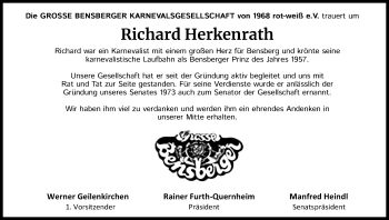 Anzeige von Richard Herkenrath von Kölner Stadt-Anzeiger / Kölnische Rundschau / Express