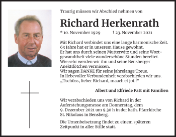 Anzeige von Richard Herkenrath von Kölner Stadt-Anzeiger / Kölnische Rundschau / Express
