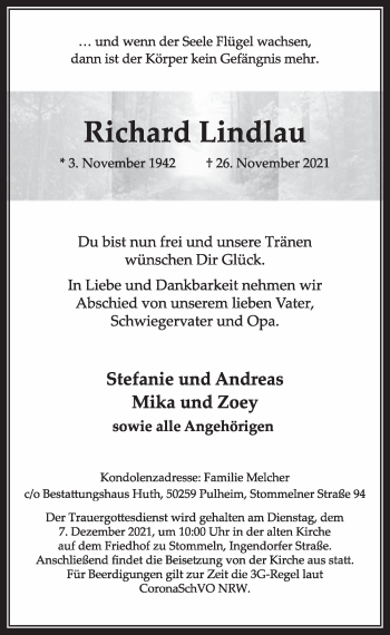 Anzeige von Richard Lindlau von  Wochenende 