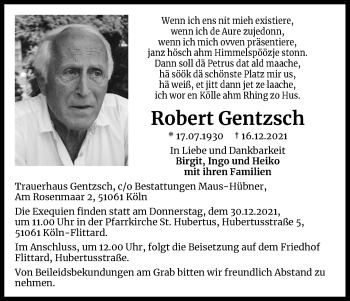 Anzeige von Robert Gentzsch von Kölner Stadt-Anzeiger / Kölnische Rundschau / Express