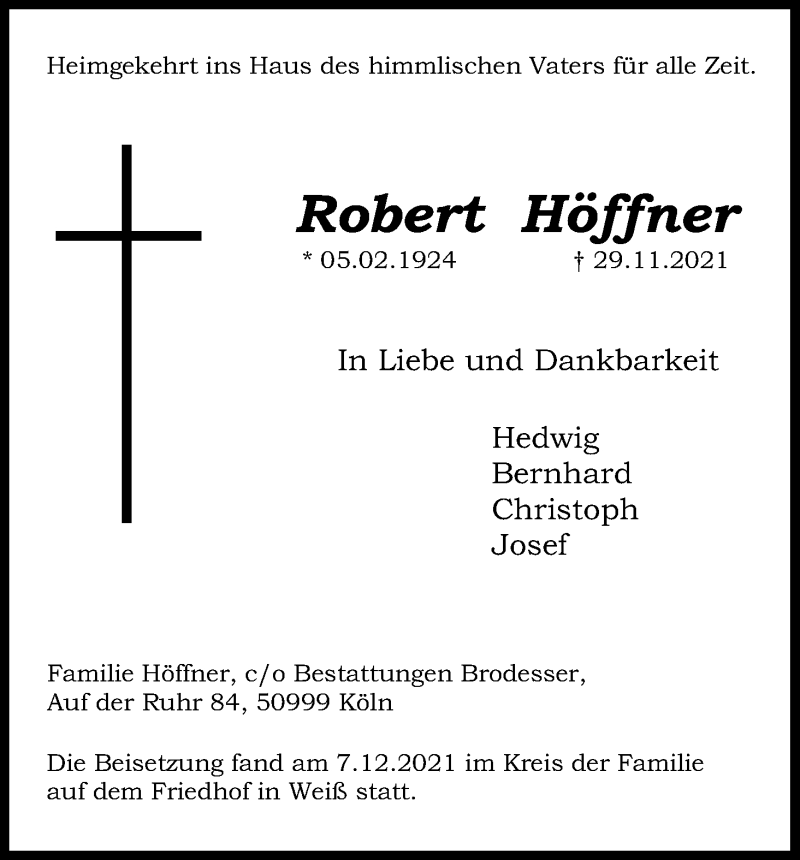  Traueranzeige für Robert Höffner vom 15.12.2021 aus Kölner Stadt-Anzeiger / Kölnische Rundschau / Express