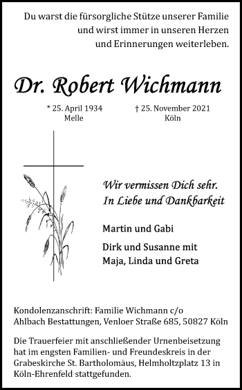 Anzeige von Robert Wichmann von Kölner Stadt-Anzeiger / Kölnische Rundschau / Express