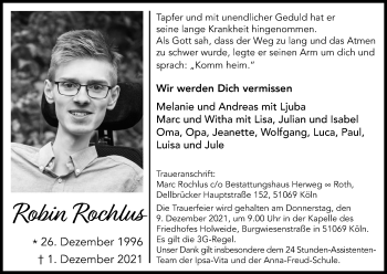 Anzeige von Robin Rochlus von Kölner Stadt-Anzeiger / Kölnische Rundschau / Express