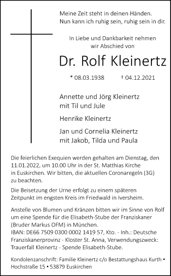 Anzeige von Rolf Kleinertz von Kölner Stadt-Anzeiger / Kölnische Rundschau / Express