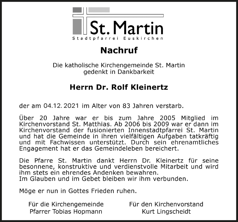  Traueranzeige für Rolf Kleinertz vom 01.01.2022 aus  Blickpunkt Euskirchen 