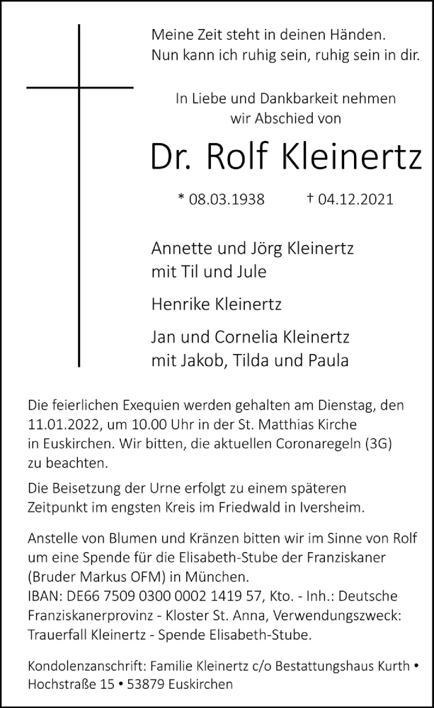  Traueranzeige für Rolf Kleinertz vom 01.01.2022 aus  Blickpunkt Euskirchen 
