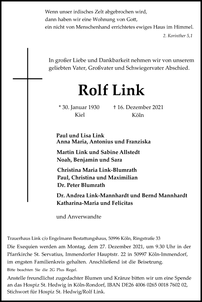  Traueranzeige für Rolf Link vom 24.12.2021 aus Kölner Stadt-Anzeiger / Kölnische Rundschau / Express