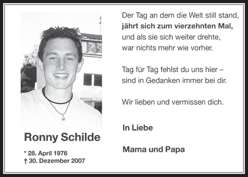  Traueranzeige für Ronny Schilde vom 27.12.2021 aus  Wochenende 