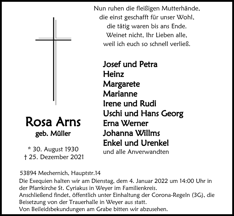  Traueranzeige für Rosa Arns vom 31.12.2021 aus Kölner Stadt-Anzeiger / Kölnische Rundschau / Express
