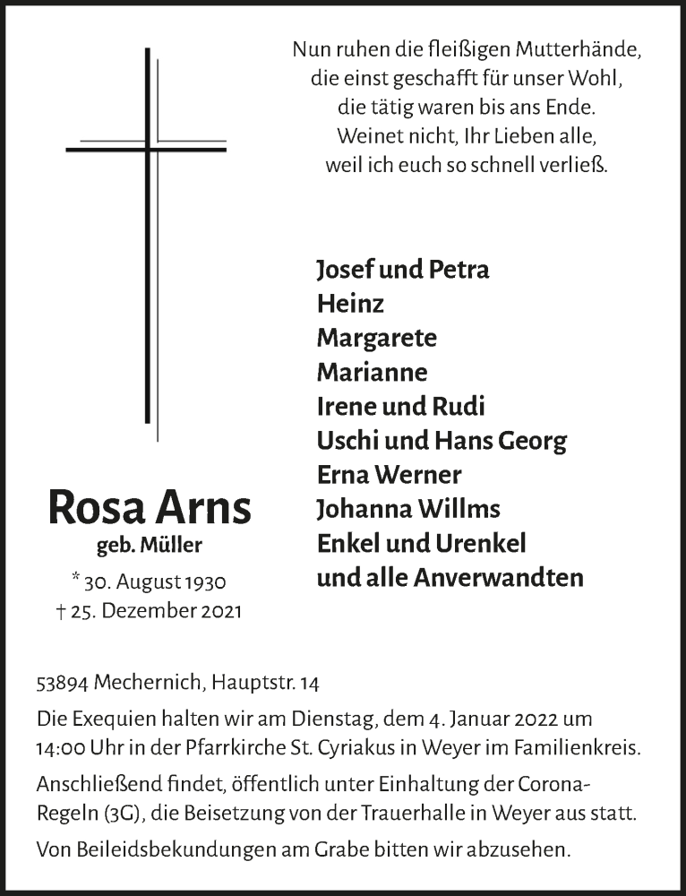  Traueranzeige für Rosa Arns vom 01.01.2022 aus  Blickpunkt Euskirchen 