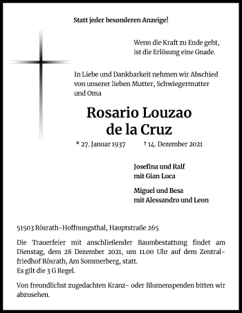 Anzeige von Rosario Louzao de la Cruz von Kölner Stadt-Anzeiger / Kölnische Rundschau / Express
