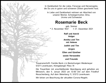 Anzeige von Rosemarie Beck von Kölner Stadt-Anzeiger / Kölnische Rundschau / Express