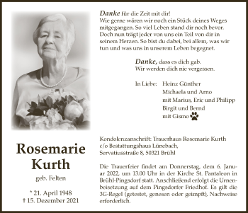 Anzeige von Rosemarie Kurth von  Schlossbote/Werbekurier 