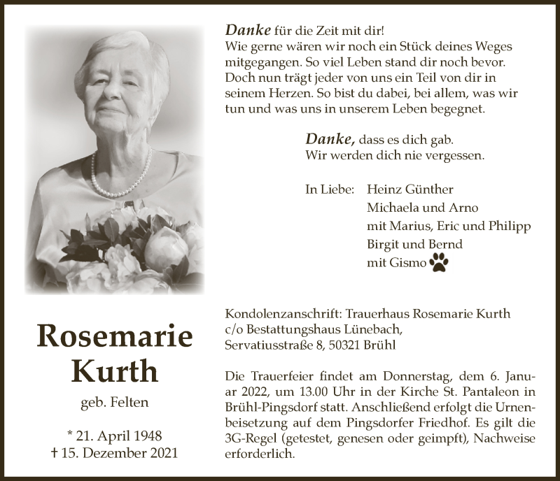  Traueranzeige für Rosemarie Kurth vom 01.01.2022 aus  Schlossbote/Werbekurier 