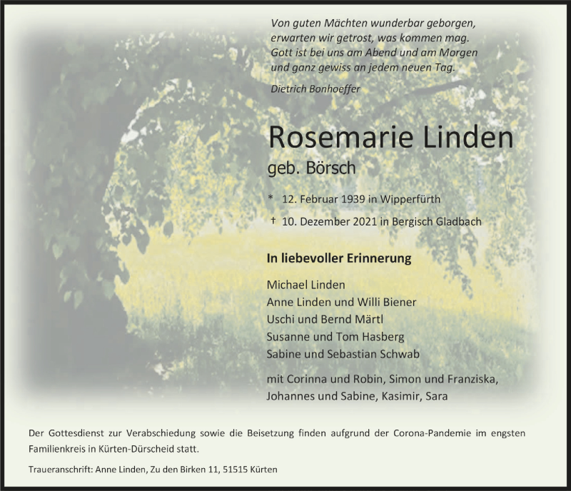  Traueranzeige für Rosemarie Linden vom 17.12.2021 aus  Bergisches Handelsblatt 