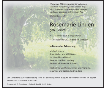 Anzeige von Rosemarie Linden von Kölner Stadt-Anzeiger / Kölnische Rundschau / Express