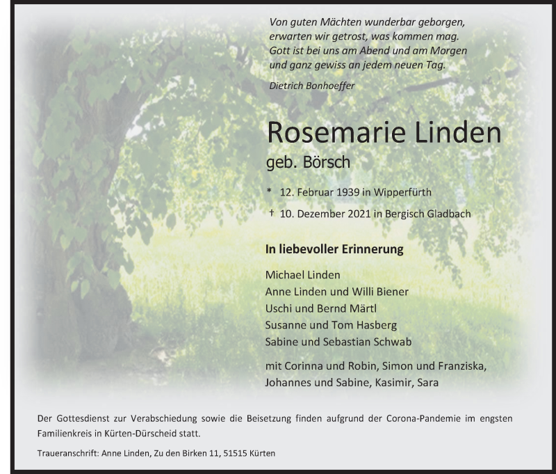  Traueranzeige für Rosemarie Linden vom 18.12.2021 aus Kölner Stadt-Anzeiger / Kölnische Rundschau / Express