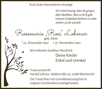 Anzeige von Rosemarie Lohmar von  Lokalanzeiger 