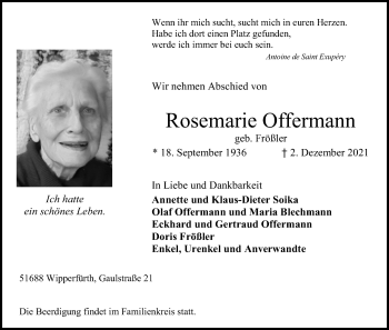 Anzeige von Rosemarie Offermann von Kölner Stadt-Anzeiger / Kölnische Rundschau / Express