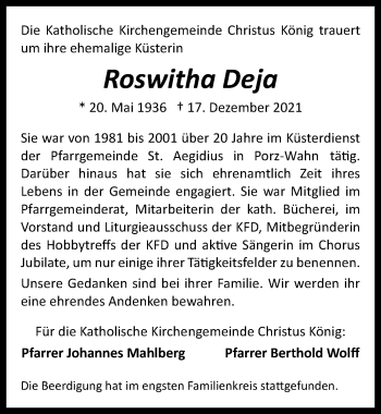 Anzeige von Roswitha Deja von  Kölner Wochenspiegel 