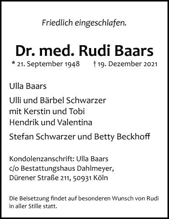 Anzeige von Rudi Baars von Kölner Stadt-Anzeiger / Kölnische Rundschau / Express