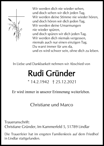 Anzeige von Rudi Gründer von Kölner Stadt-Anzeiger / Kölnische Rundschau / Express