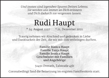 Anzeige von Rudi Haupt von  Kölner Wochenspiegel 