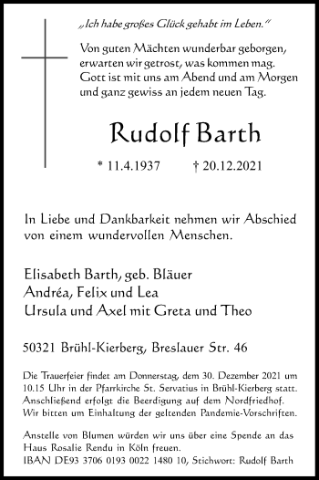 Anzeige von Rudolf Barth von Kölner Stadt-Anzeiger / Kölnische Rundschau / Express