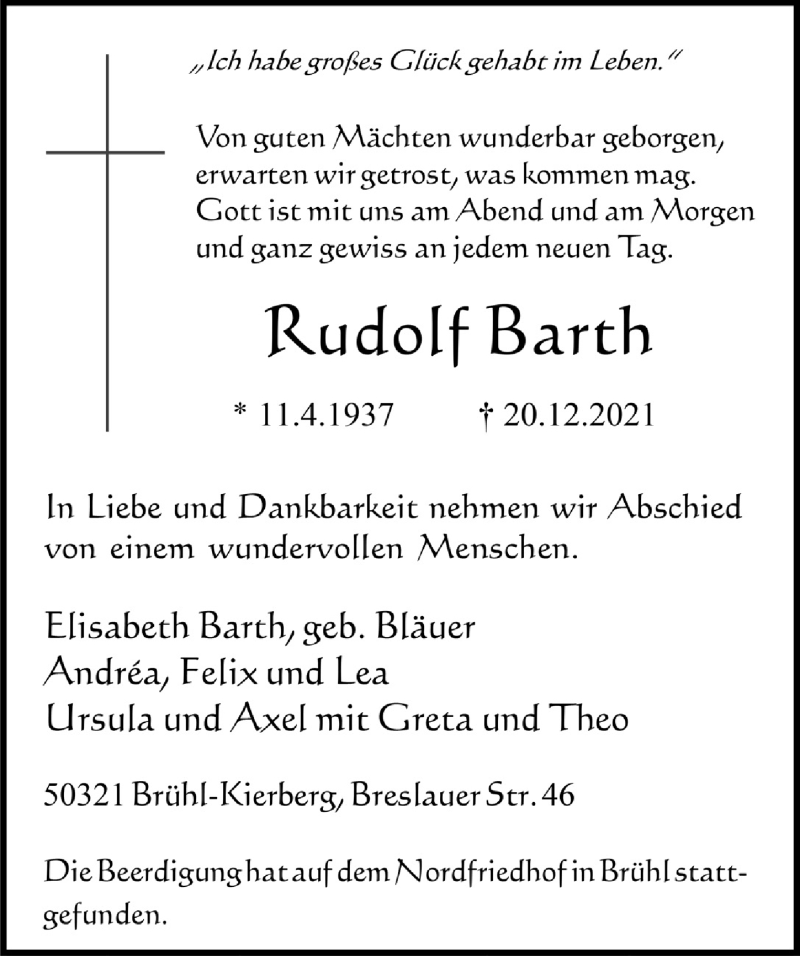  Traueranzeige für Rudolf Barth vom 01.01.2022 aus  Schlossbote/Werbekurier 
