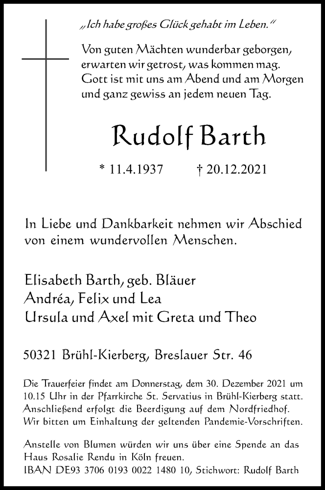  Traueranzeige für Rudolf Barth vom 24.12.2021 aus Kölner Stadt-Anzeiger / Kölnische Rundschau / Express