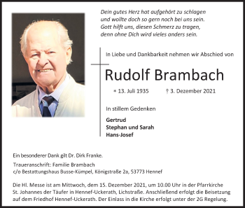 Anzeige von Rudolf Brambach von Kölner Stadt-Anzeiger / Kölnische Rundschau / Express