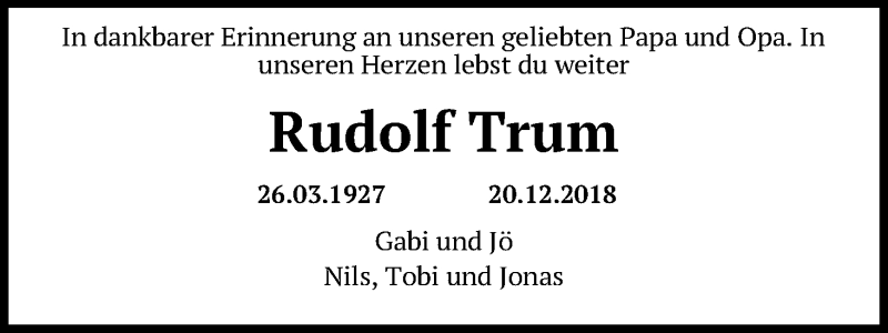  Traueranzeige für Rudolf Trum vom 20.12.2021 aus Kölner Stadt-Anzeiger / Kölnische Rundschau / Express