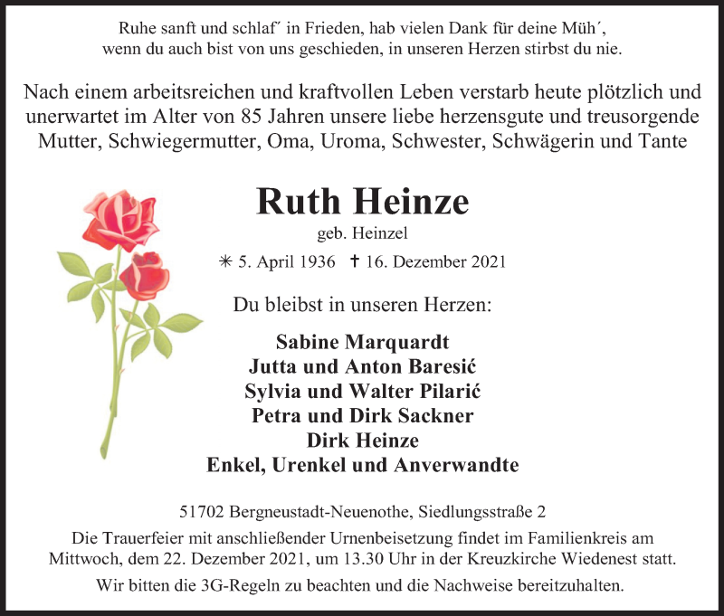  Traueranzeige für Ruth Heinze vom 18.12.2021 aus Kölner Stadt-Anzeiger / Kölnische Rundschau / Express