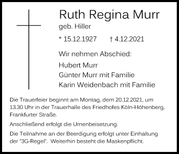 Anzeige von Ruth  Murr von Kölner Stadt-Anzeiger / Kölnische Rundschau / Express