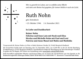 Anzeige von Ruth Nohn von Kölner Stadt-Anzeiger / Kölnische Rundschau / Express