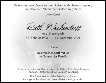 Anzeige von Ruth Wachendorff von Kölner Stadt-Anzeiger / Kölnische Rundschau / Express