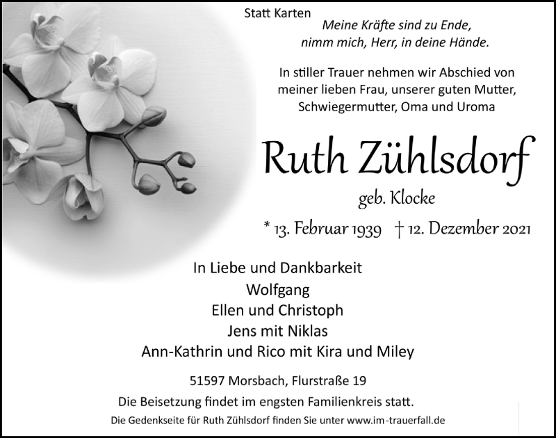  Traueranzeige für Ruth Zühlsdorf vom 17.12.2021 aus  Lokalanzeiger 