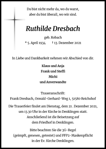 Anzeige von Ruthilde Dresbach von Kölner Stadt-Anzeiger / Kölnische Rundschau / Express