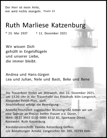 Anzeige von Ruth Marliese Katzenburg von Kölner Stadt-Anzeiger / Kölnische Rundschau / Express
