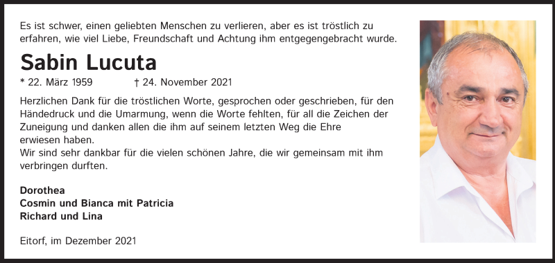  Traueranzeige für Sabin Lucuta vom 24.12.2021 aus Kölner Stadt-Anzeiger / Kölnische Rundschau / Express