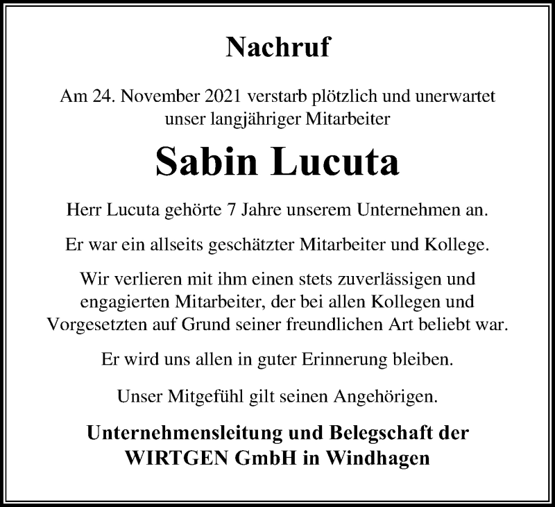  Traueranzeige für Sabin Lucuta vom 04.12.2021 aus Kölner Stadt-Anzeiger / Kölnische Rundschau / Express