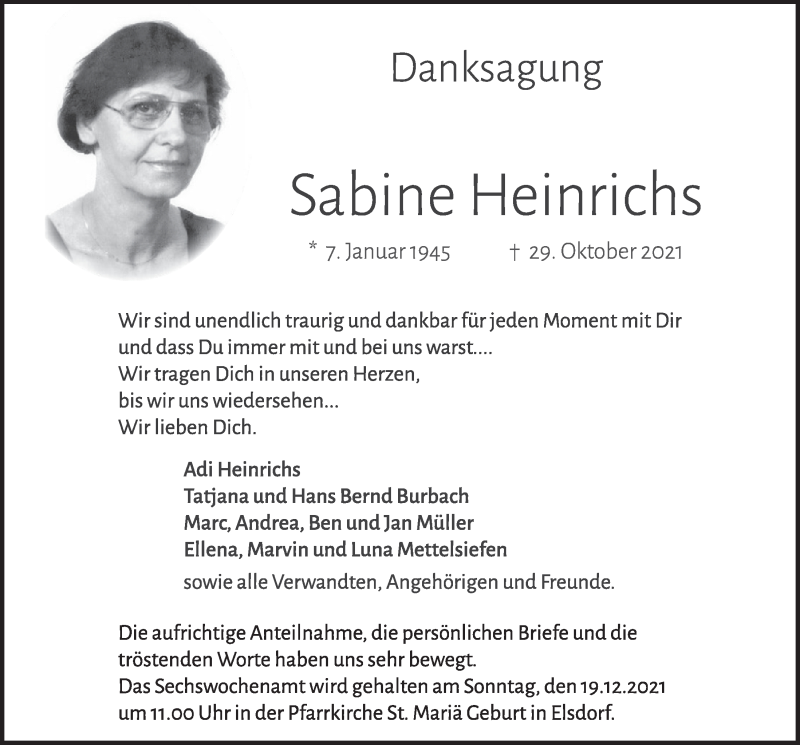  Traueranzeige für Sabine Heinrichs vom 17.12.2021 aus  Werbepost 