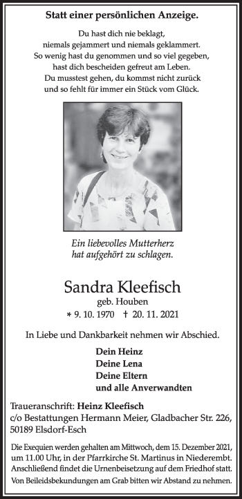 Anzeige von Sandra Kleefisch von  Werbepost 