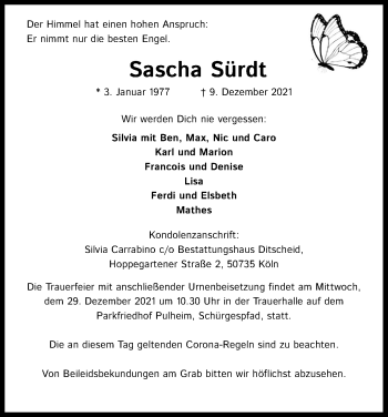 Anzeige von Sascha Sürdt von Kölner Stadt-Anzeiger / Kölnische Rundschau / Express