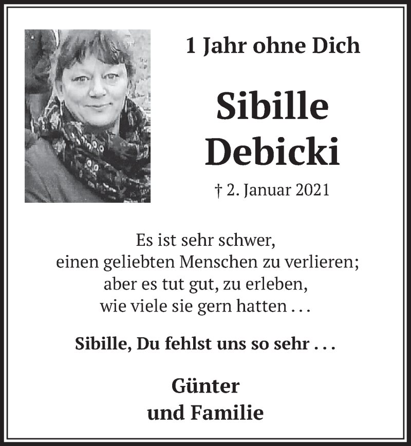  Traueranzeige für Sibille Debicki vom 01.01.2022 aus  Werbepost 