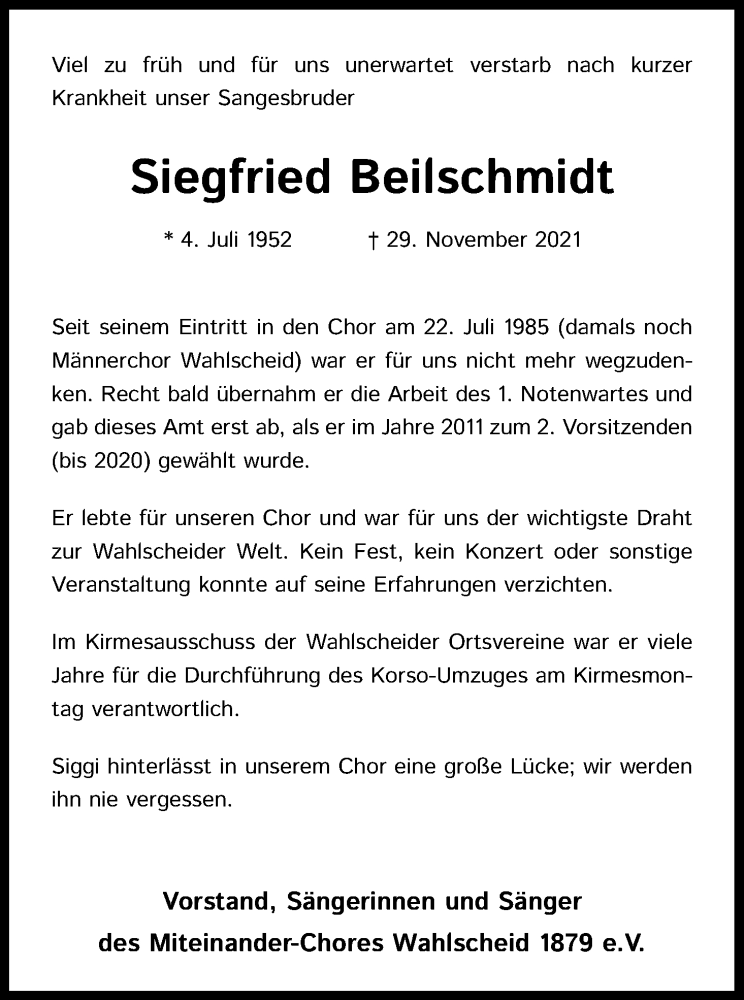  Traueranzeige für Siegfried Beilschmidt vom 04.12.2021 aus Kölner Stadt-Anzeiger / Kölnische Rundschau / Express