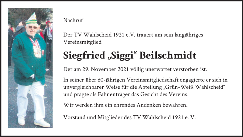  Traueranzeige für Siegfried Beilschmidt vom 11.12.2021 aus Kölner Stadt-Anzeiger / Kölnische Rundschau / Express