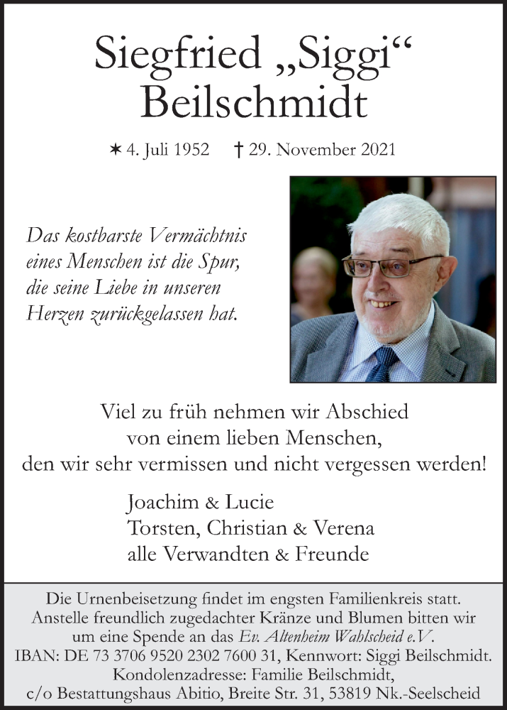  Traueranzeige für Siegfried Beilschmidt vom 04.12.2021 aus Kölner Stadt-Anzeiger / Kölnische Rundschau / Express
